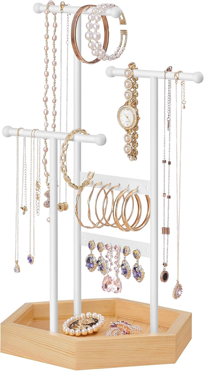 Jewelry Holder, Jewelry Organizer, 3 Tiers and 1 Tray, Jewelry Display Stand with Metal Frame, Necklace Earring Bracelet Holder, for Rings, Pale Gold and White UJJS003A01