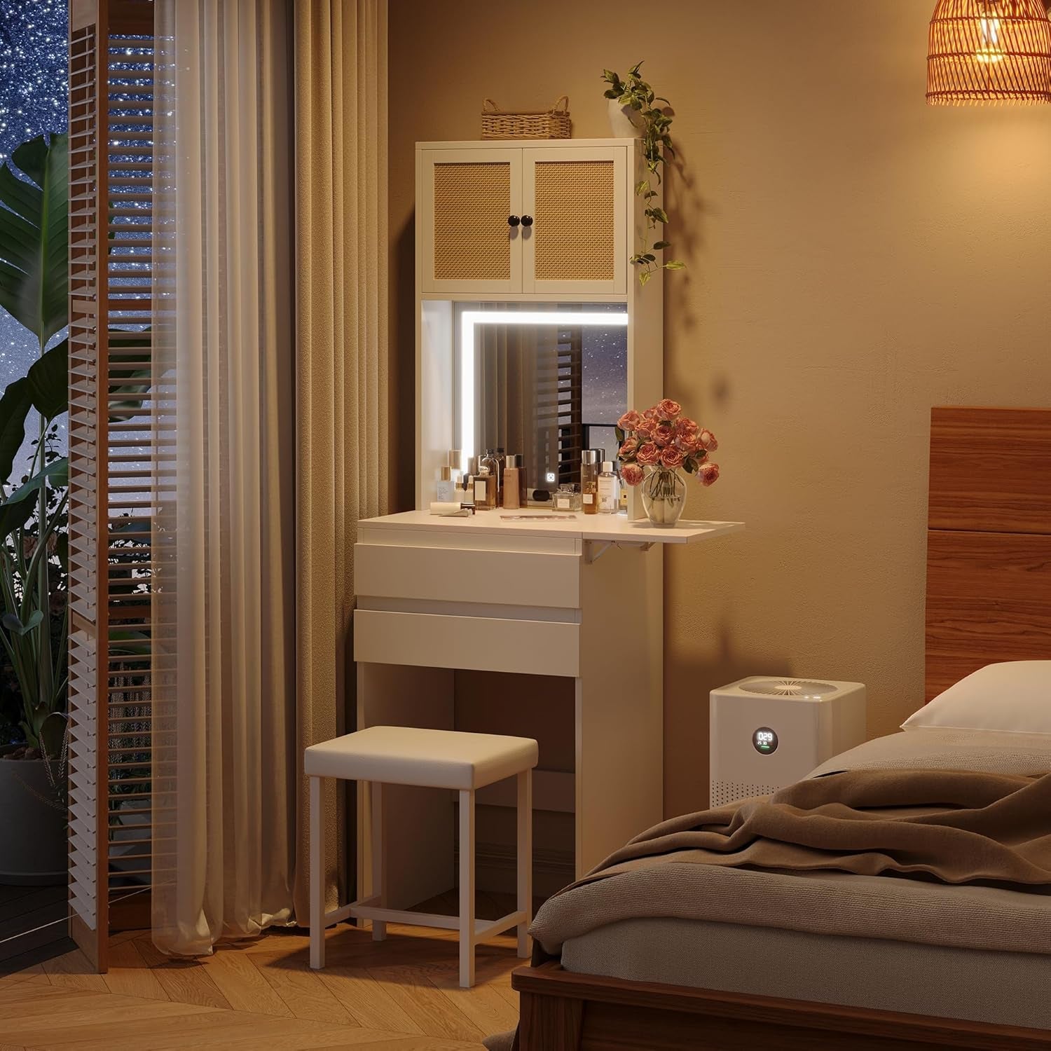 Small Vanity Desk with Mirror and Lights, White Compact Makeup Vanity with Chair and Fold-Up Panel for Small Spaces, Skinny Rattan Dressing Table Set, Dimmable 3-Color, Space Saving, Girls