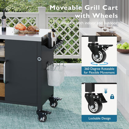 55.5" Outdoor Kitchen Island with Stainless Steel Sink, Outdoor Bar Cart Sink Station with 4 Lockable Wheel for Pizza Prep & BBQ Black