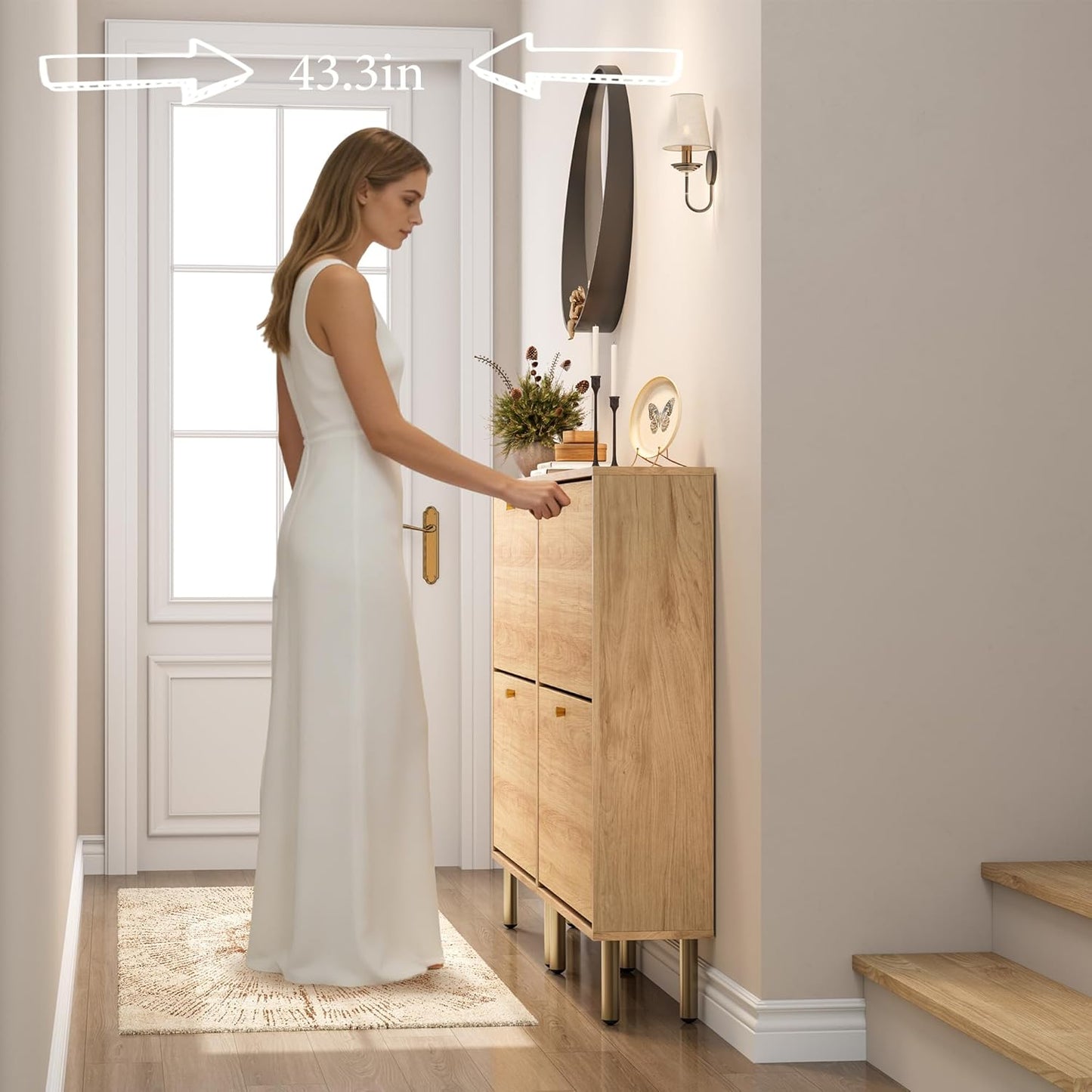 Shoe Storage Cabinet for Entryway - Flip Shoe Cabinet with Tiered Fluted Design - Slim Shoe Storage Rack with Gold Legs - Narrow Shoe Cabinet Hidden Shoe Organizer for Small Spaces