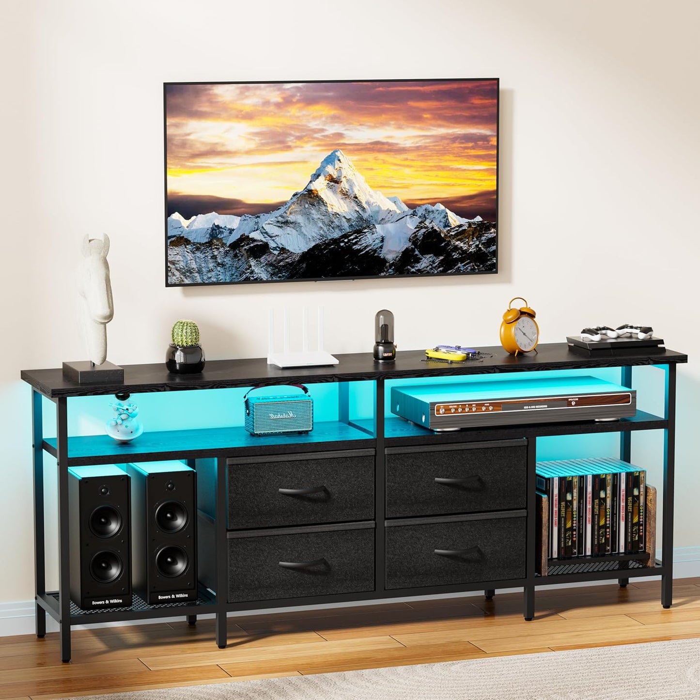 TV Stand for 55/60/65/70 Inch TV, Modern Entertainment Center with LED Lights and Power Outlets, TV Stand with Drawers and Shelves, Media Console with Storage for Living Room Bedroom, Black