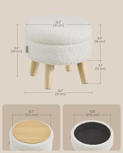 Storage Ottoman, Foot Stool, round Ottoman with Padded Seat, Foot Rest with Wood Legs, Small Table, for Hallway, Living Room, 12.2 Inches, Teddy Fleece, White ULOM515WD01