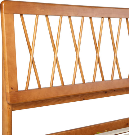 Queen Transitional Geometric X Pattern Headboard Solid Wood Bed, Queen Size, Caramel