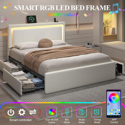 Queen Size Bed Frame with 4 Storage Drawers, Charging Station and LED Light, Adjustable Upholstered Headboard, Noise-Free, No Box Spring Needed, Easy Assembly, White