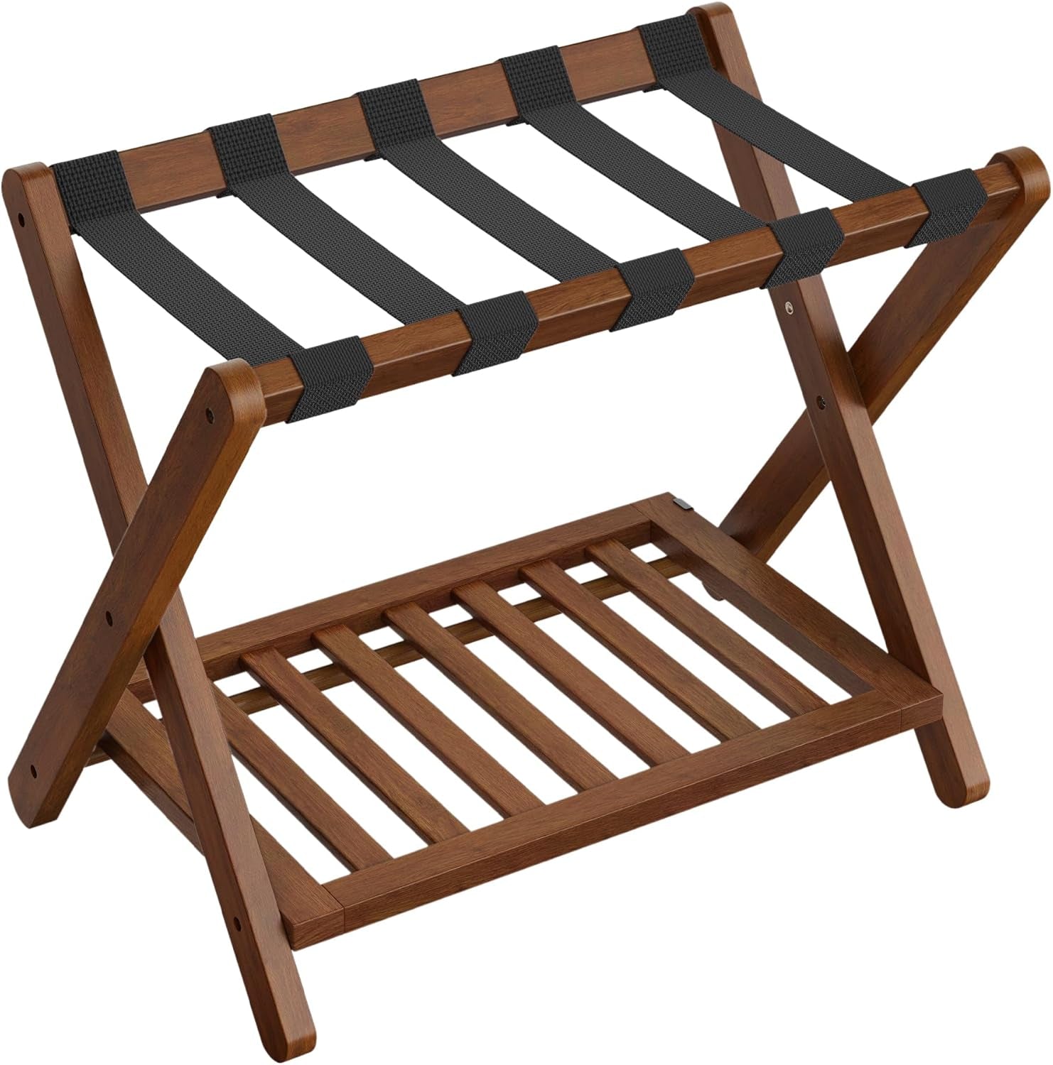 Solid Wood Luggage Rack, No Assembly Required, Foldable Suitcase Stand, Luggage Holder, with Storage Shelf, for Guest Room, Hotel, Bedroom, Coffee Brown URLR020K02