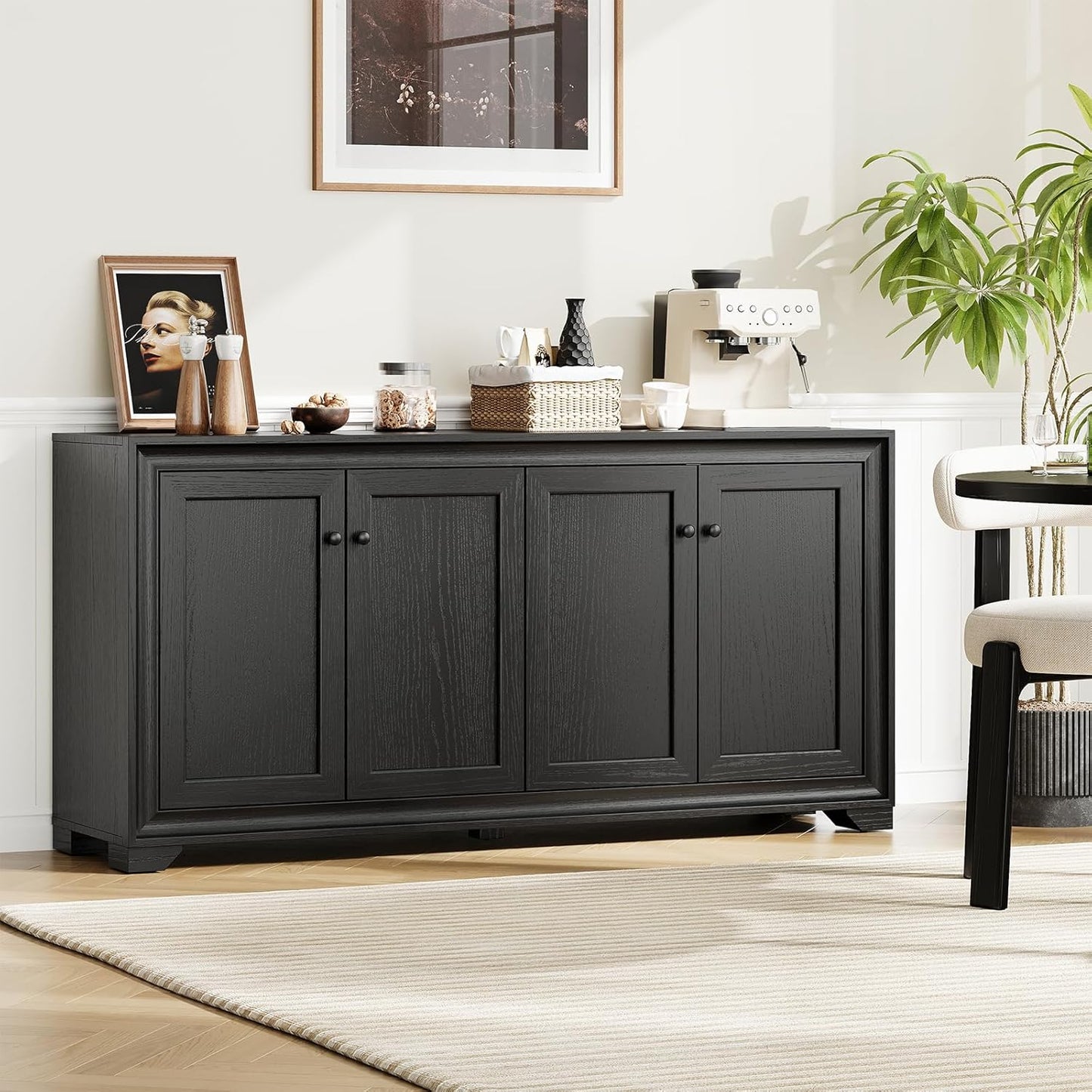 60" Buffet Cabinet with Storage, 4 Doors Sideboard Buffet Cabinet with Adjustable Shelves, Modern Coffee Bar Console Table for Living Room, Kitchen, Entryway, Black