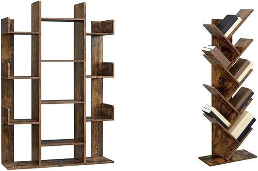 Bookshelf, Tree-Shaped Bookcase with 13 Storage Shelves, Rounded Corners & 9-Tier Floor Standing Tree Bookshelf, with Shelves for Living Room, Home Office, Rustic Brown ULBC11BX