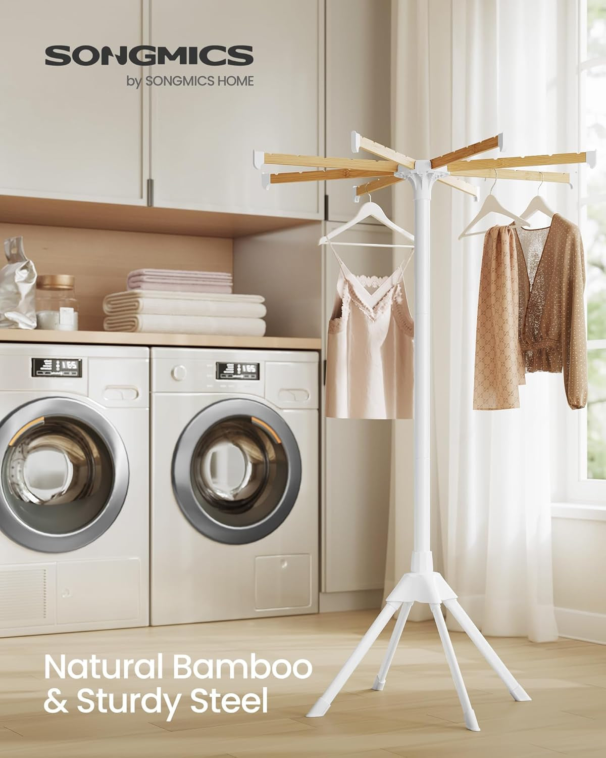 Clothes Drying Rack, with Bamboo Hanging Rods, Foldable Metal Laundry Rack, Space-Saving, Free-Standing Airer, Indoor Use, White and Natural ULLR516W01