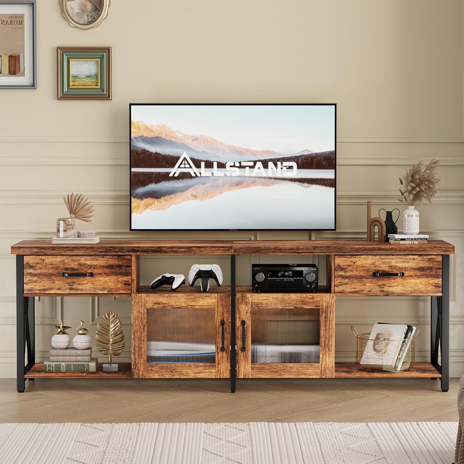 TV Stand for 75 80 Inch TV, Farmhouse Entertainment Center with 2 Drawers & Storage Cabinets, Industrial Media Console Table with Soundbar Shelf for Living Room, Bedroom, Fits Tvs up to 80"