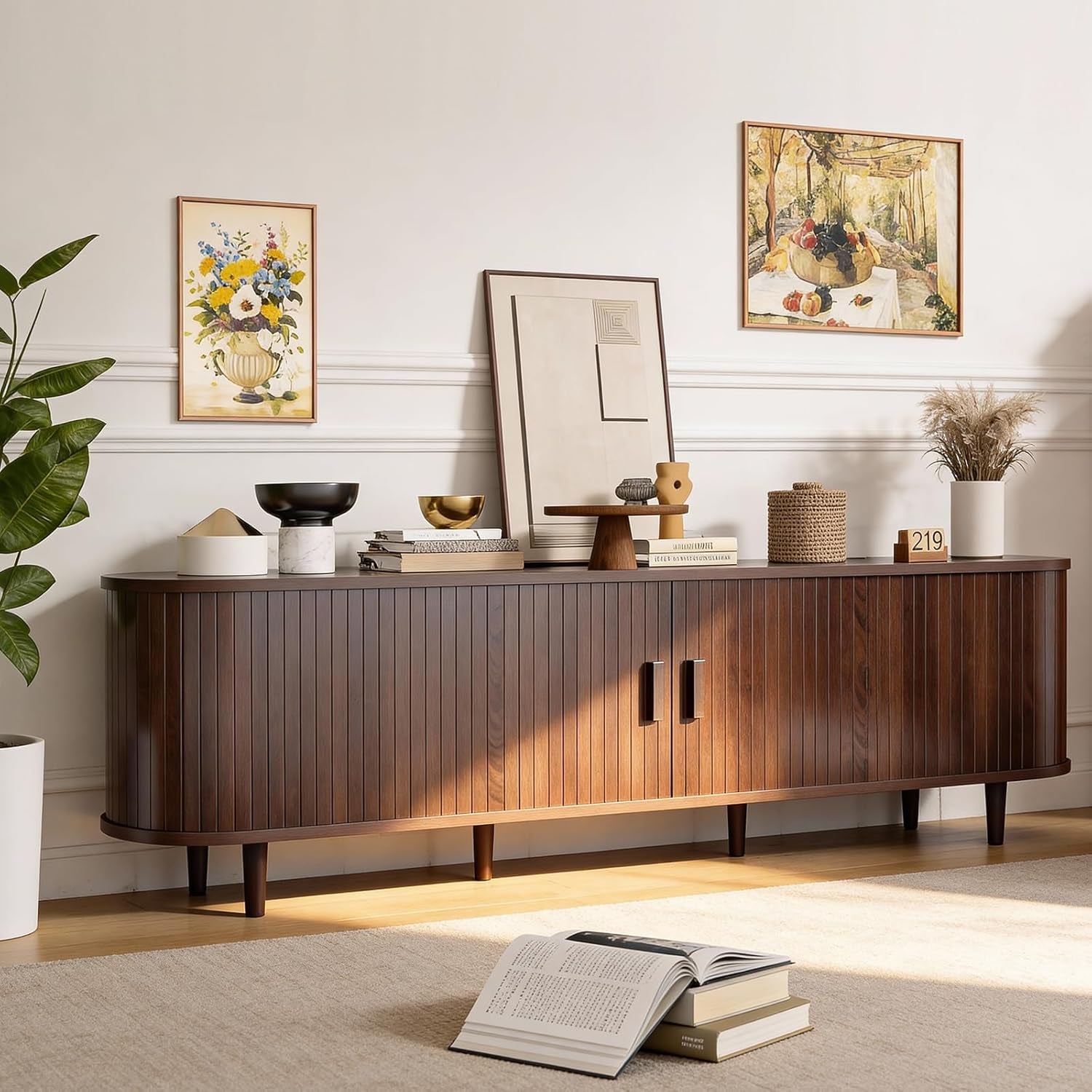 70" Mid Century Modern TV Stand, Wood TV Consoles with Sliding Doors and Power Outlet, Entertainment Center with Adjustable Shelves, Fluted TV Stands for Living Room, Walnut
