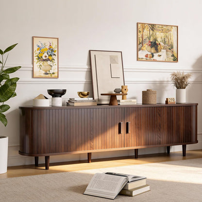 70" Mid Century Modern TV Stand, Wood TV Consoles with Sliding Doors and Power Outlet, Entertainment Center with Adjustable Shelves, Fluted TV Stands for Living Room, Walnut
