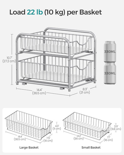 2-Tier Pull Out Cabinet Organizers, under Sink Organizer, Bathroom Organizer and Storage, Sliding Basket Drawers, Stackable for Kitchen, Bathroom, Metallic Silver UKCS017E01