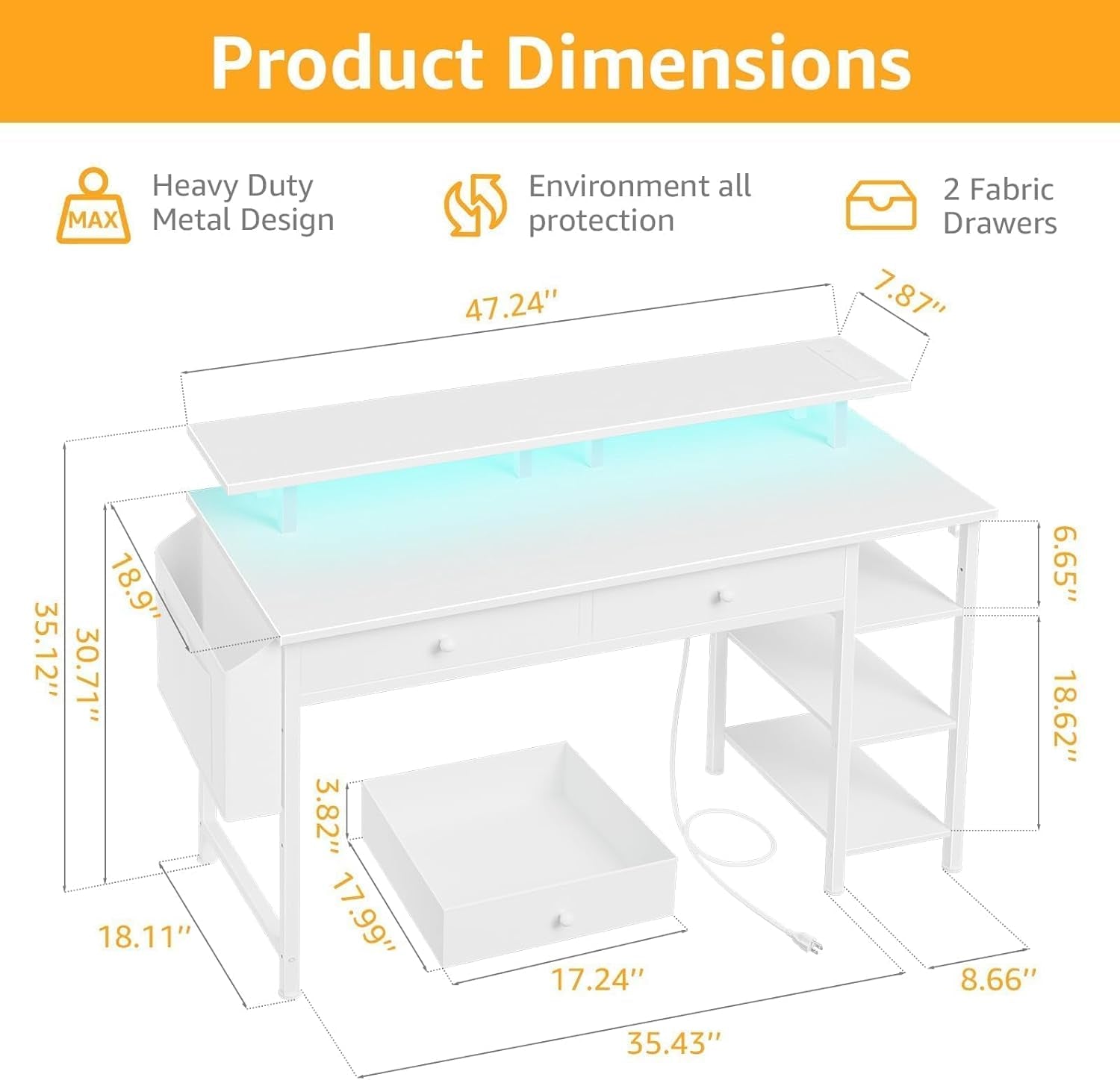 White Computer Desk with Shelves and Drawers - 47 Inch Home Office Desk with Drawers and Shelves, Small White Desk with Shelves, Computer Desk with Monitor Stand, RGB Gaming Desk with Power Outlet