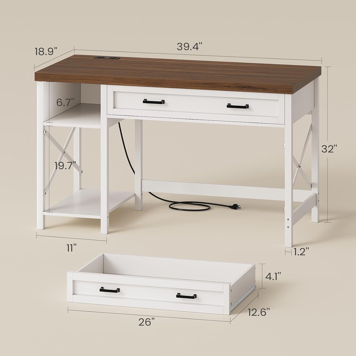 Farmhouse Small Desk with Drawers, 40" Computer Desk with Storage Shelves, White Writing Desk for Small Space and Power Outlet, Desk for Bedroom, Home Office