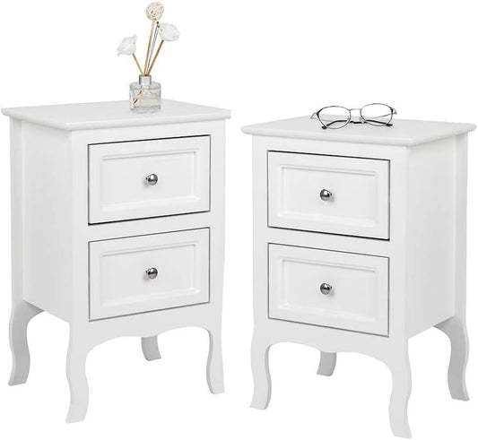 White Nightstand Set of 2, Nightstands with 2 Drawers, Bed Side Table/Night Stand, Small Nightstand for Bedroom, Small Spaces, College Dorm, Kids’ Room, Living Room, Wood, 16W X 12D X 24H