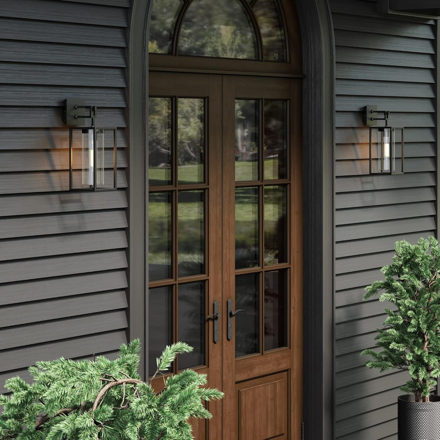Sedona Outdoor Black Wall Sconce Light Fixture, Exterior Porch Lantern with Open Iron Frame and Cylinder Glass Shade for Patio and Front Door, Black/Clear, Set of 2