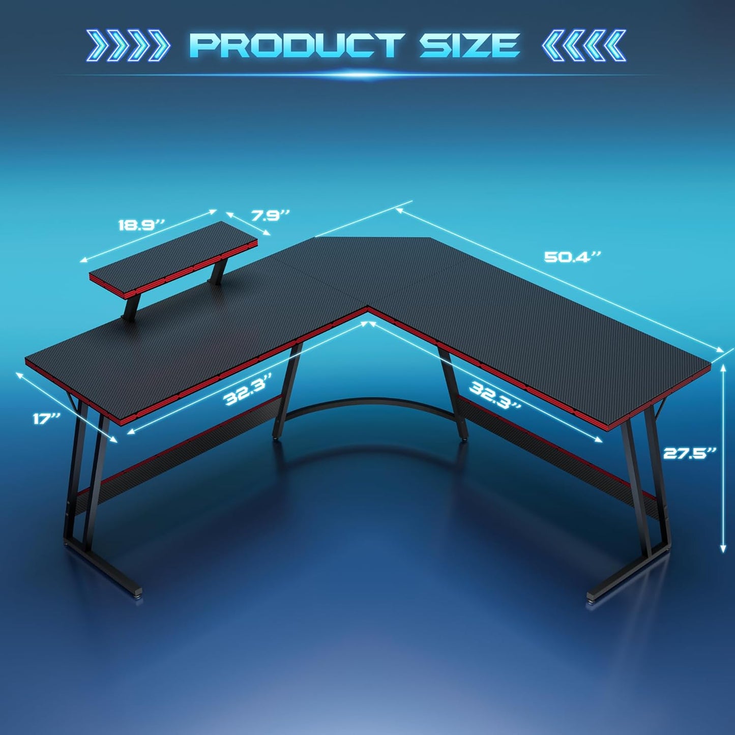 L Shaped Gaming Desk Computer Corner Desk PC Gaming Desk Table with Large Monitor Riser Stand for Home Office Sturdy Writing Workstation (Black, 51 Inch)