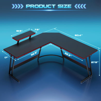 L Shaped Gaming Desk Computer Corner Desk PC Gaming Desk Table with Large Monitor Riser Stand for Home Office Sturdy Writing Workstation (Black, 51 Inch)