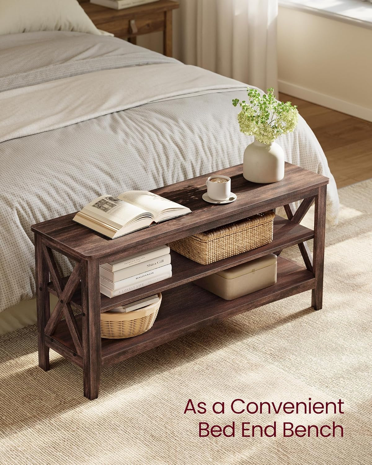 , Entryway Storage Bench, 2-Tier Shoe Rack, 11.8 X 39.4 X 18.9 Inches, Holds up to 600 Lb, Farmhouse Style, for Living Room, Bedroom, Maroon Brown ULSB153K51