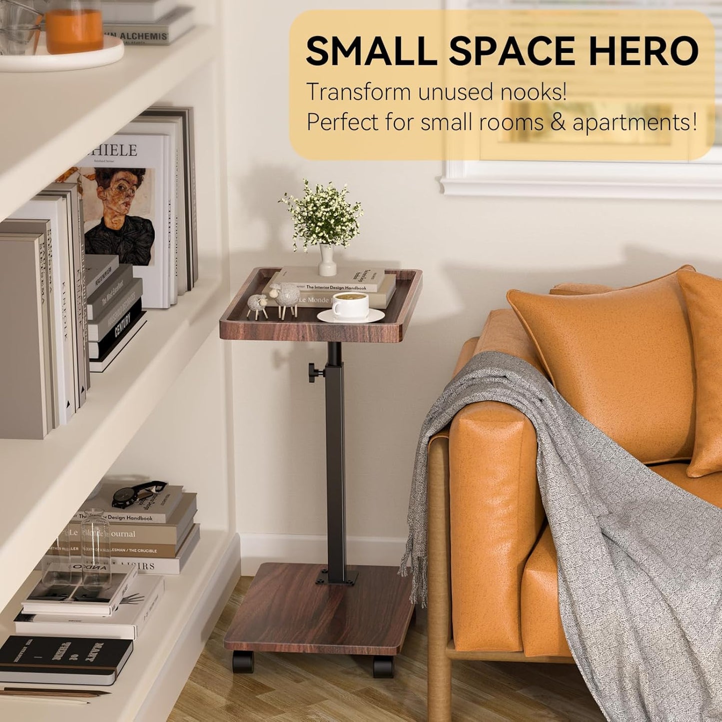 C Table End Table Adjustable Height, 360°Swivel TV Tray Table for Small Spaces, Couch Tables That Slide Under, C Shaped Side Tables Living Room and Bedroom for Sofa, Bed,Chair, Snack (1, Walnut Brown)