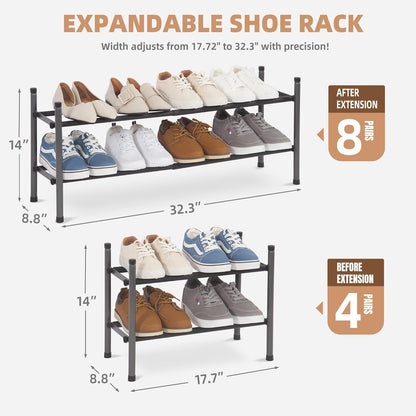 Expandable Shoe Rack, 8 Pairs Stackable Small Shoe Rack, Metal Adjustable Shoes Organizer for Closet, Entryway, Hallway, Garage, Front Door, Shoes Shelves, Black 2 Tier