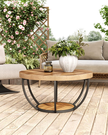 round Coffee Table, 32" Circle Coffee Table for Living Room, 2-Tier Wood Accent Center Table with Open Storage Industrial Design Home Furniture (Wood Grain and Black)