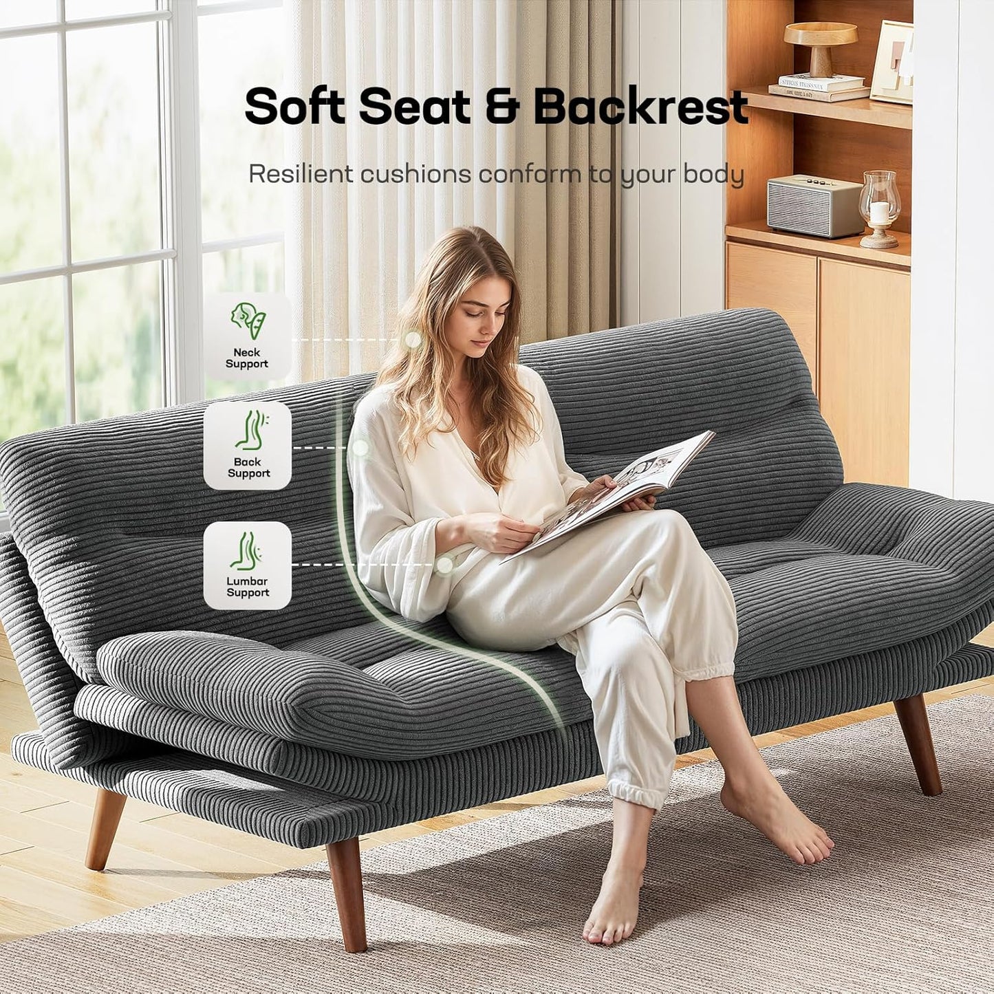 66.1" Futon Sofa Bed, Corduroy Convertible Futon Couch with Adjustable Backrest & Armrests, Small Sleeper Sofa Loveseat for Small Apartments, Study Room, Office, Grey