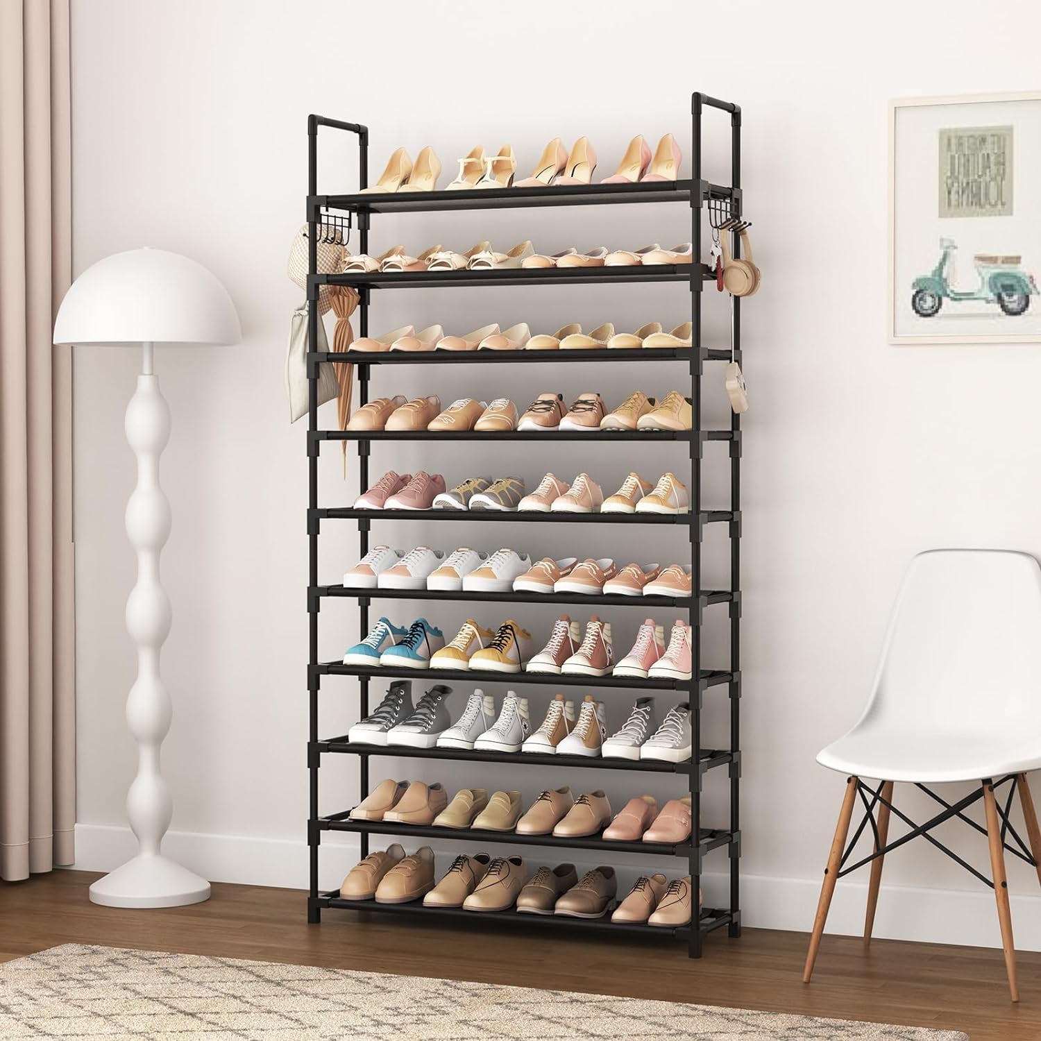10 Tier Shoe Rack Tall Large Capacity Wide Shoe Organizer with Two Hooks Sturdy Metal Shoe Shelf for Entryway, Closet, Bedroom