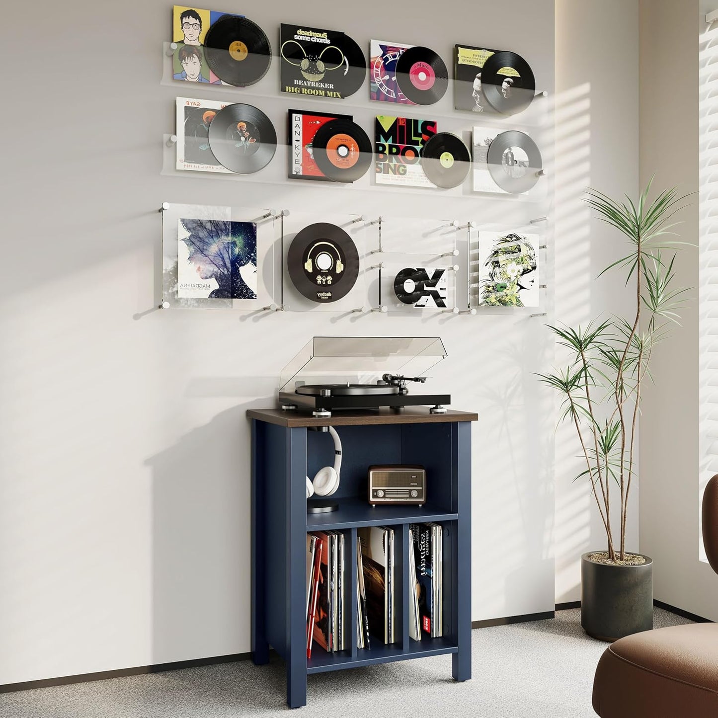 Record Player Stand, Vinyl Record Storage Table End Table with Display Shelf Holds up to 130 Albums, Large Nightstand Wood Turntable Stand Cabinet Side Table for Living Room, Bedroom, Blue