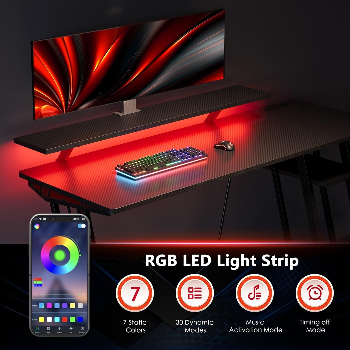 47-Inch Gaming Desk with LED Lights & Power Outlets|Carbon Fiber Gaming Table with Monitor Stand & Adjustable Storage Shelves|Rgb Ergonomic Gamer Desk, Esports & Streaming, Black