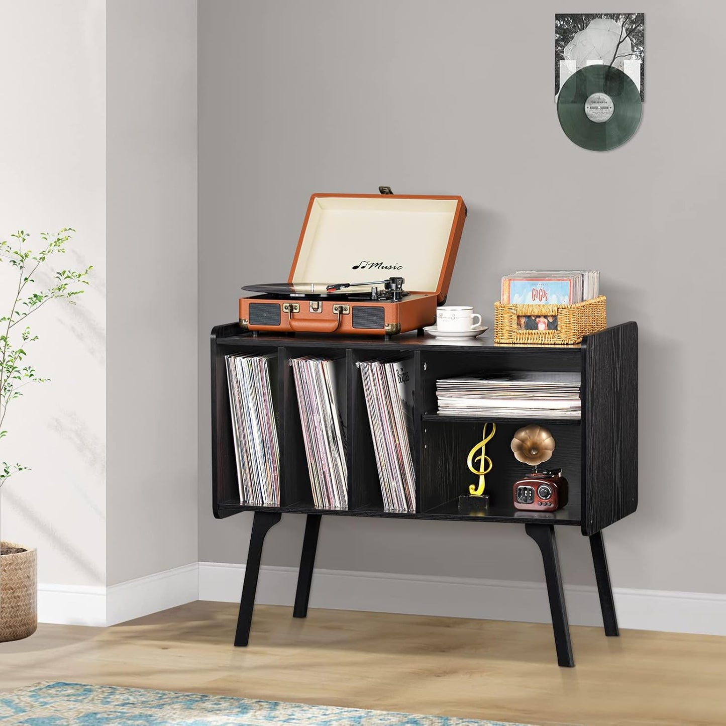 Record Player Stand with 4 Cabinet Holds up to 220 Albums, Large Black Turntable Stand with Beech Wood Legs, Mid-Century Record Player Table, Vinyl Holder Storage Shelf for Bedroom Living Room