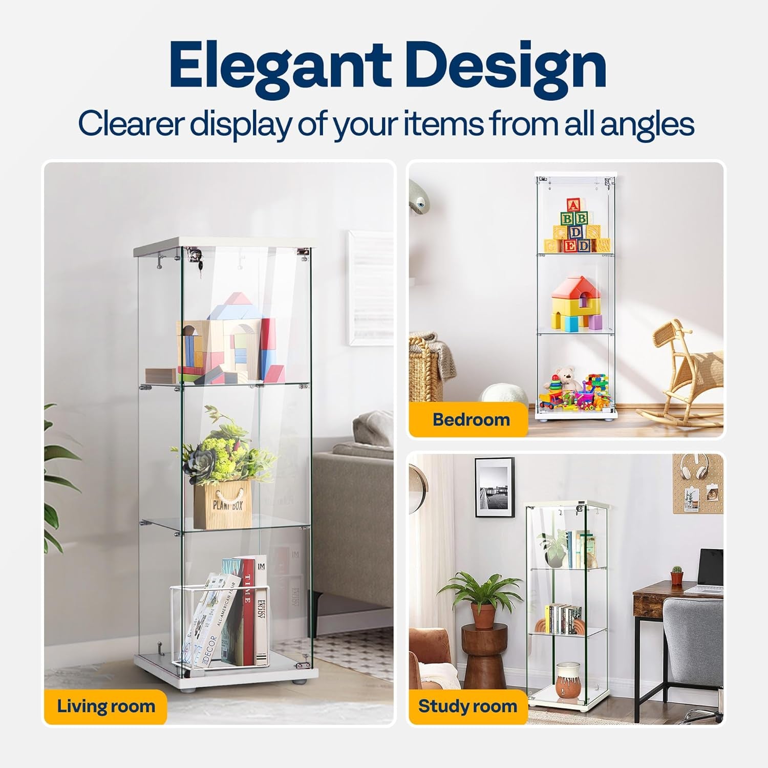 3 Layers 15.7''W X 15.7''D X 47.2''H Glass Display Cabinet Countertop Showcase with Lock, 5Mm Tempered Glass 25Mm MDF Base