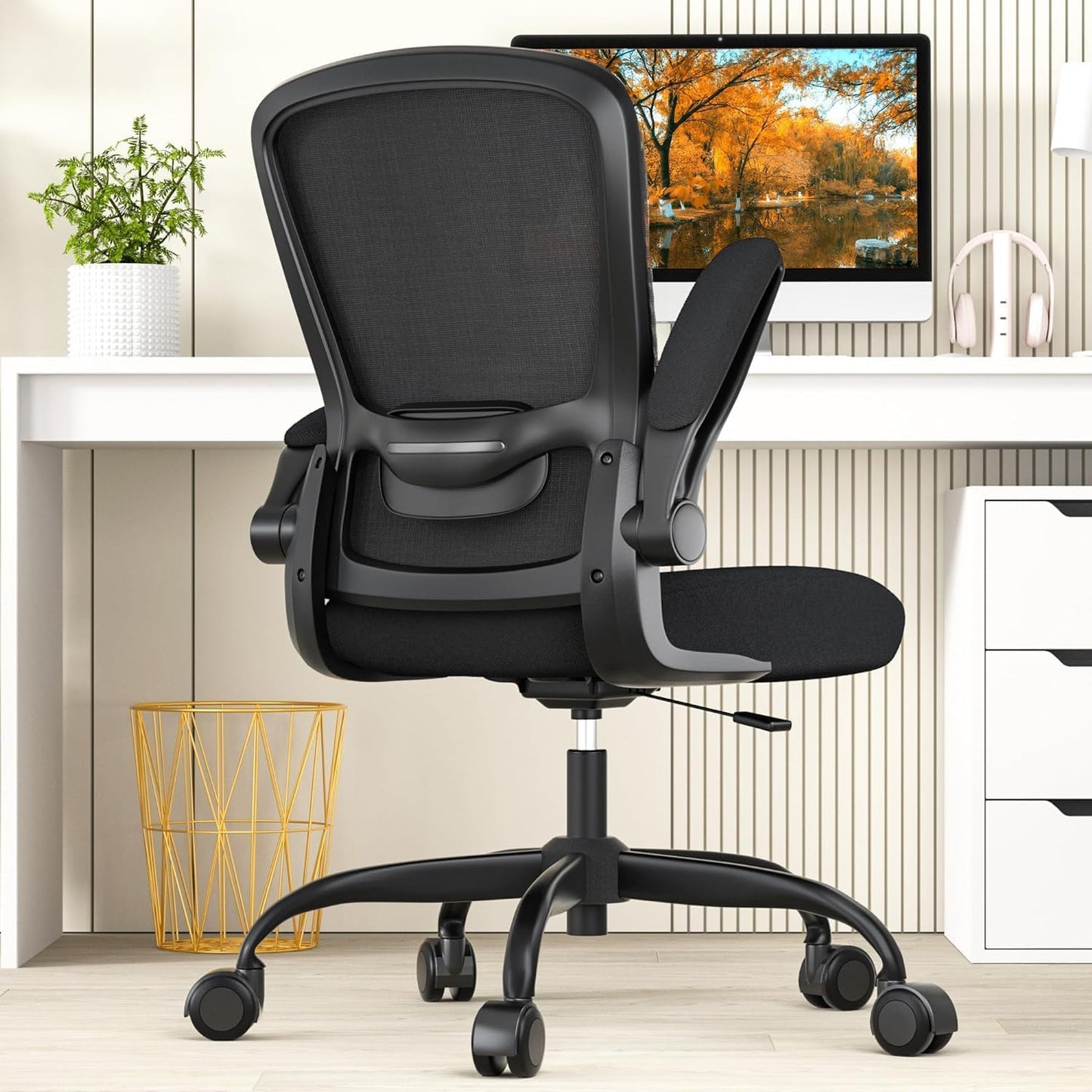 Ergonomic Office Chair - BIFMA Certified, Flip-Up Armrests & 135° Recline, Adjustable Lumbar Support - Space-Saving Task Chair for Business/Team Office & Home (Black, 300Lbs)