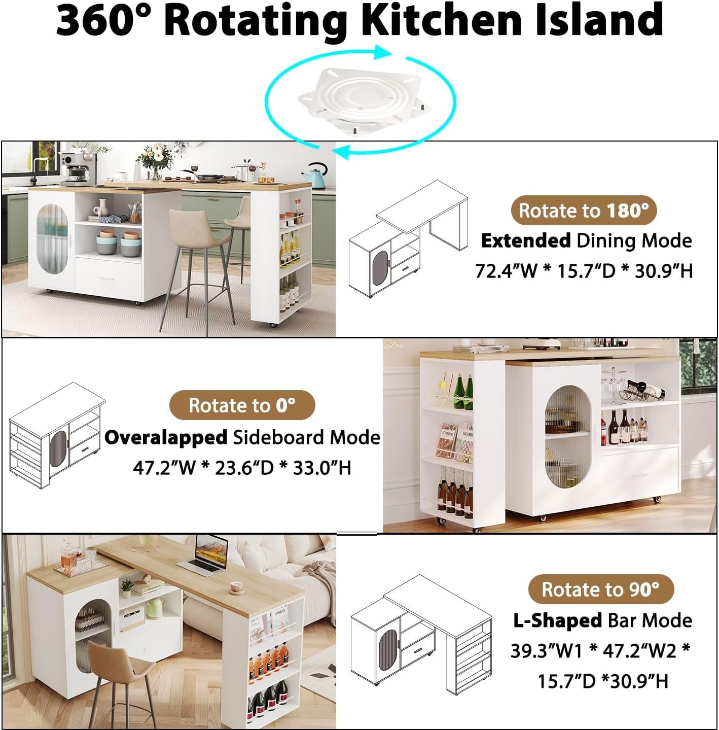 72.4” Rolling Kitchen Island with Swivel Table, Storage Cabinet, Drawers & Shelves, White Modern Mobile Island Cart on Wheels, Farmhouse Wood Island Table for Kitchen, Dining Room, Home Bar