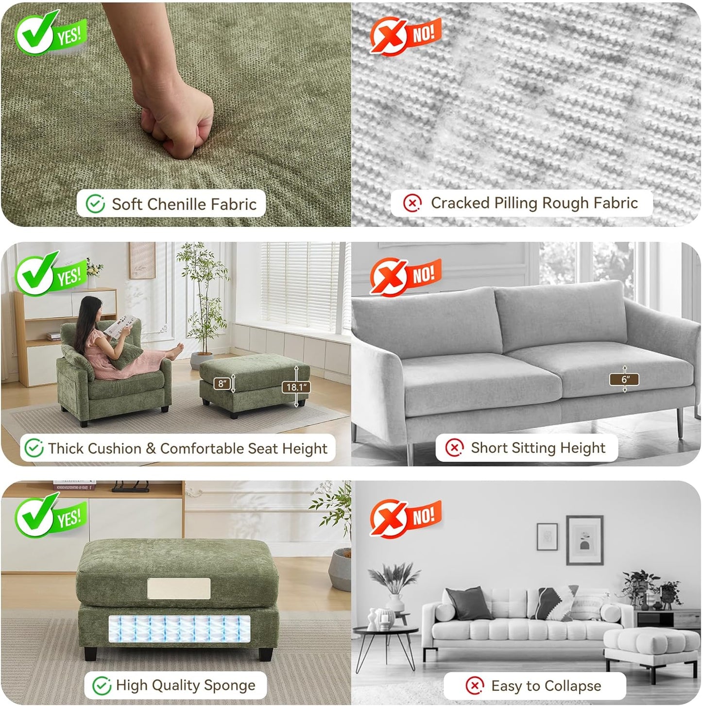 57.5" Oversized Chaise Lounge with Ottoman Indoor, Oversized Reading Chair with Ottoman & Sofa Bed, Green Chenille Upholstered Comfy Sleeper Chair for Living Room, Bedroom, Office