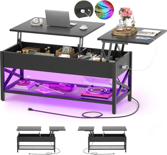 Black Lift-Top Coffee Table with LED Light, Power Outlets and Storage Shelf, 41.7"W X 19.69"L X 19.7"H