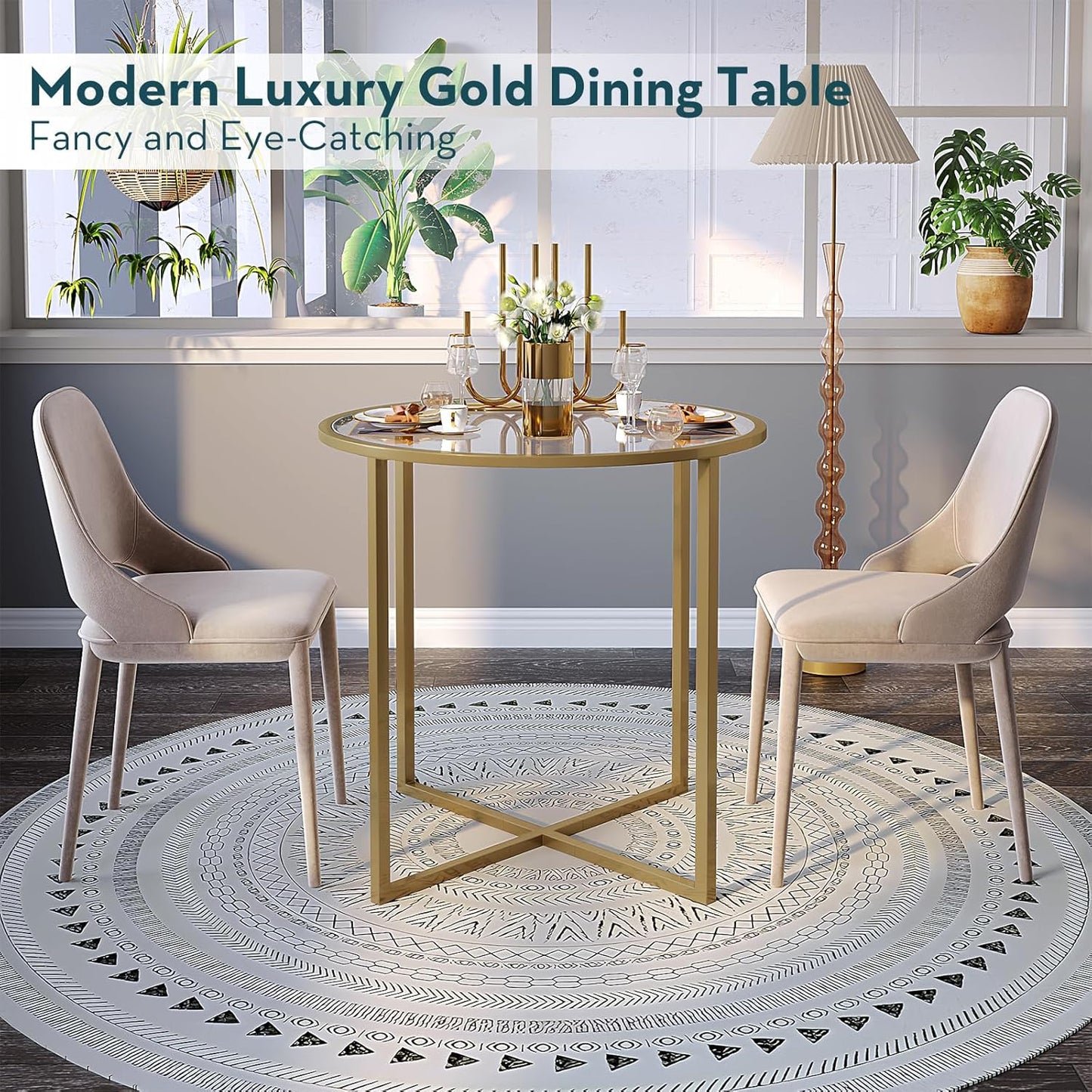 Small round Dining Table for 2,Glass Circle Kitchen Dinner Table,26.7'' Multifuntional Modern Desk for Dining Room,Office,Kitchen,Apartment,Easy Assembly,Gold