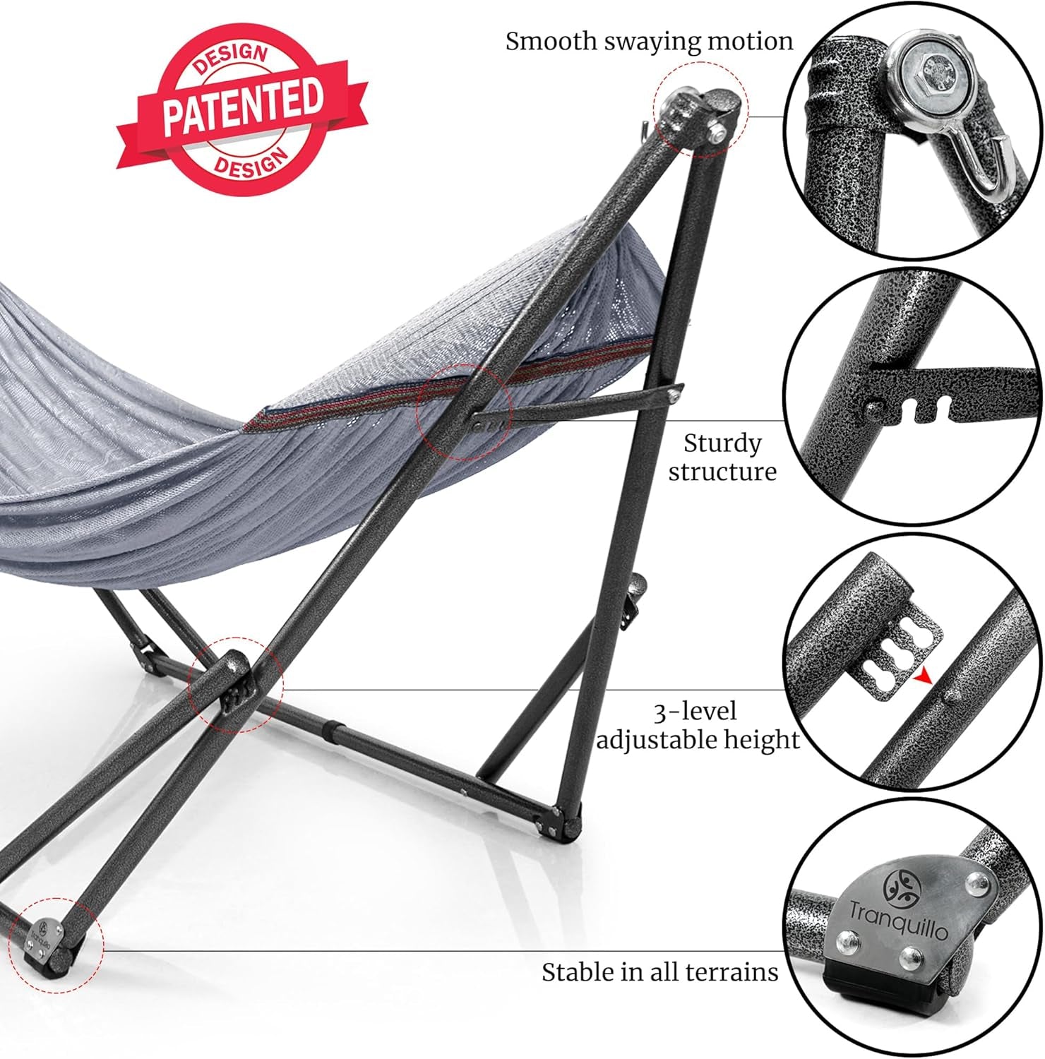 Universal Double Hammock with Stand Included for 2 Persons/Foldable Hammock Stand 600 Lbs Capacity Portable Case - Inhouse, Outdoor, Camping, Grey