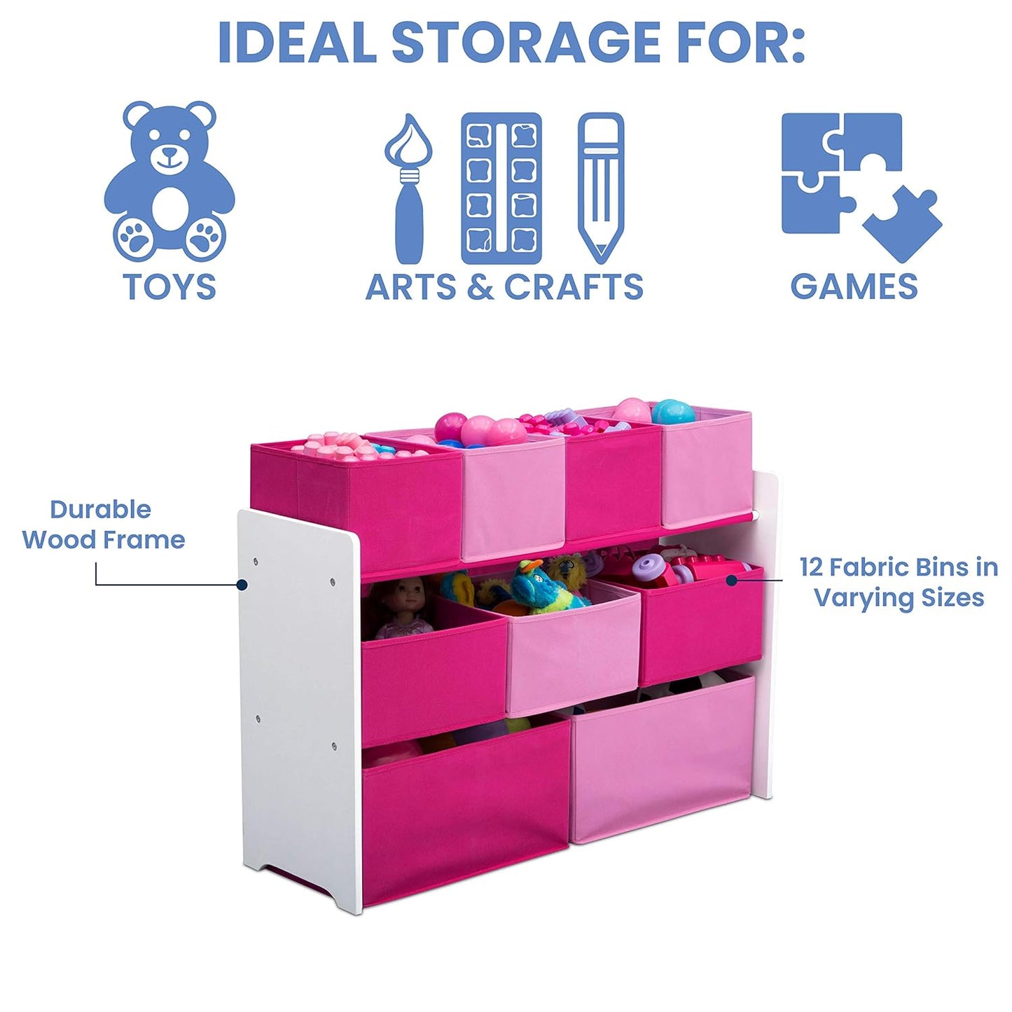 Deluxe Multi-Bin Toy Organizer with Storage Bins, White/Pink Bins