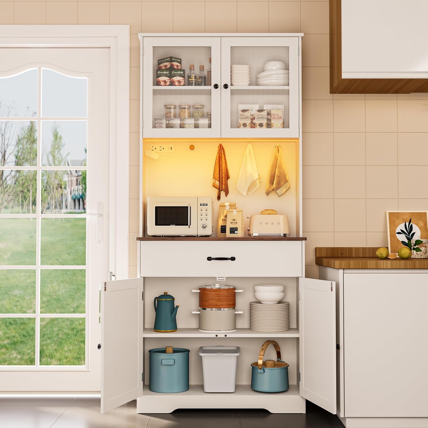 71" H Storage Cabinet with Strip Light, Kitchen Pantry Cabinet with Doors and Drawers, White Hutch with Charging Station and Adjustable Shelves, for Coffee Bar, Dining Room, Table Top-Retro