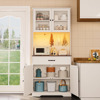 71" H Storage Cabinet with Strip Light, Kitchen Pantry Cabinet with Doors and Drawers, White Hutch with Charging Station and Adjustable Shelves, for Coffee Bar, Dining Room, Table Top-Retro