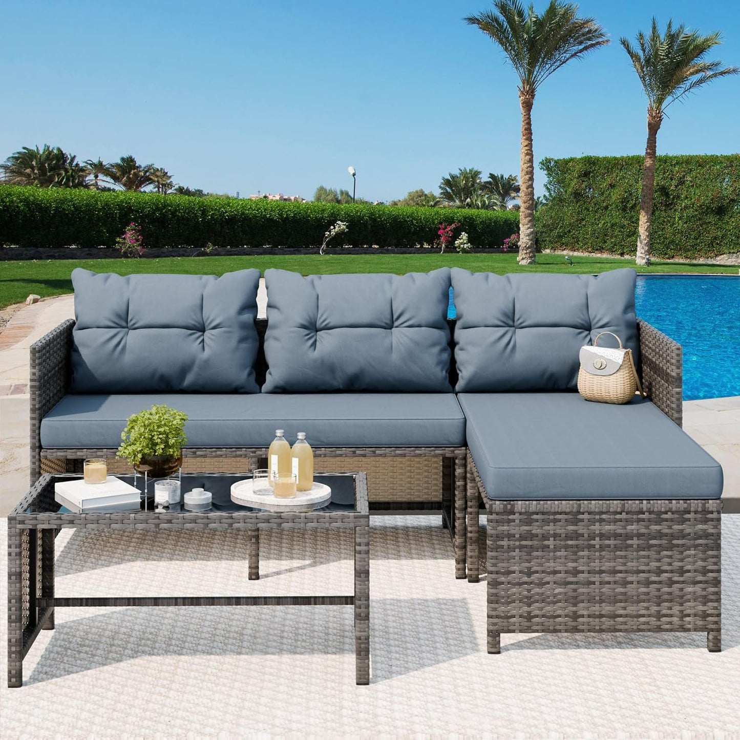 3 Pieces Patio Furniture Sets, All-Weather Wicker Outdoor Sofa Couch Sectional Set, Small Conversation Set for Patio, Garden W/Cushion, Glass Table, (Blue)