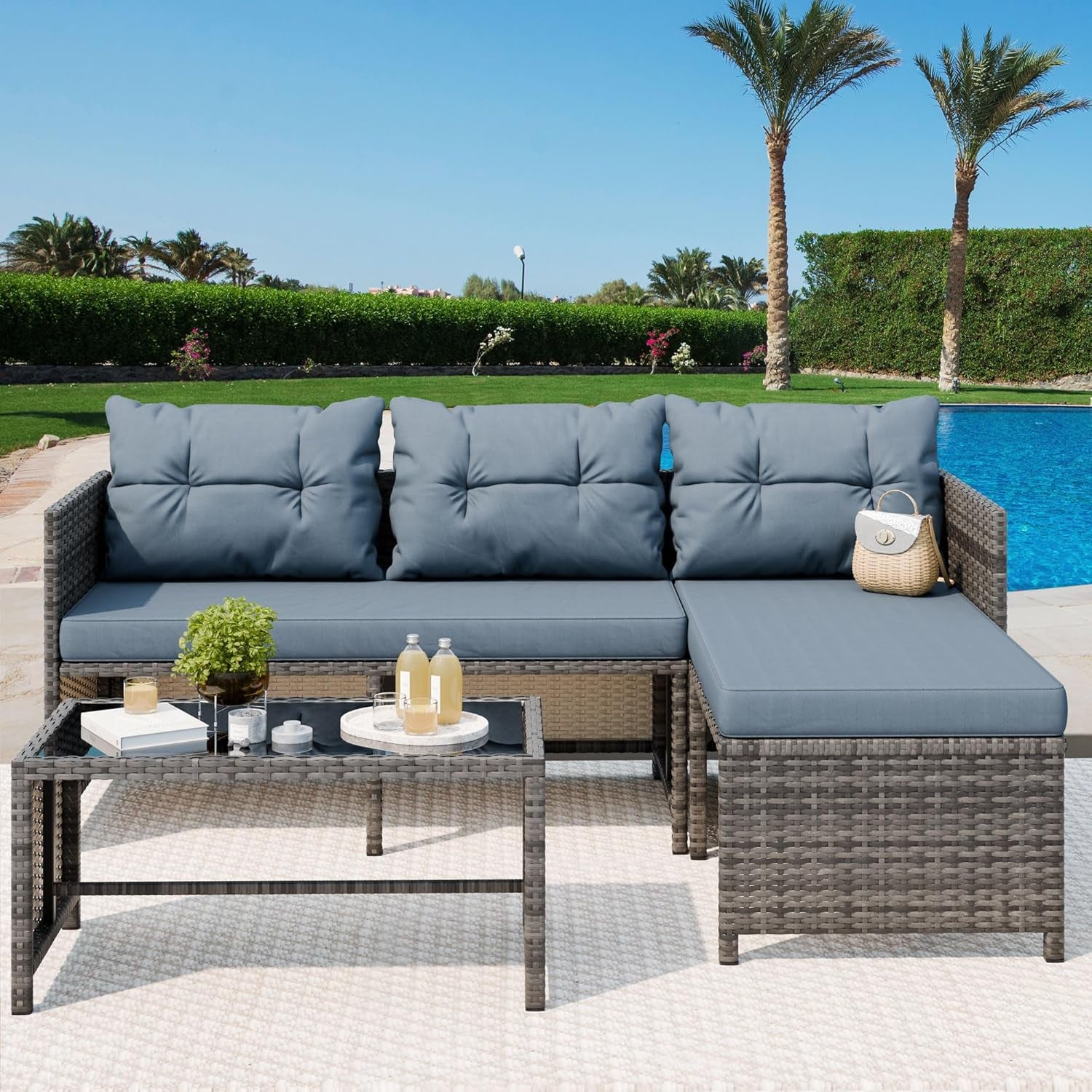 3 Pieces Patio Furniture Sets, All-Weather Wicker Outdoor Sofa Couch Sectional Set, Small Conversation Set for Patio, Garden W/Cushion, Glass Table, (Blue)