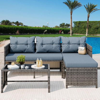 3 Pieces Patio Furniture Sets, All-Weather Wicker Outdoor Sofa Couch Sectional Set, Small Conversation Set for Patio, Garden W/Cushion, Glass Table, (Blue)