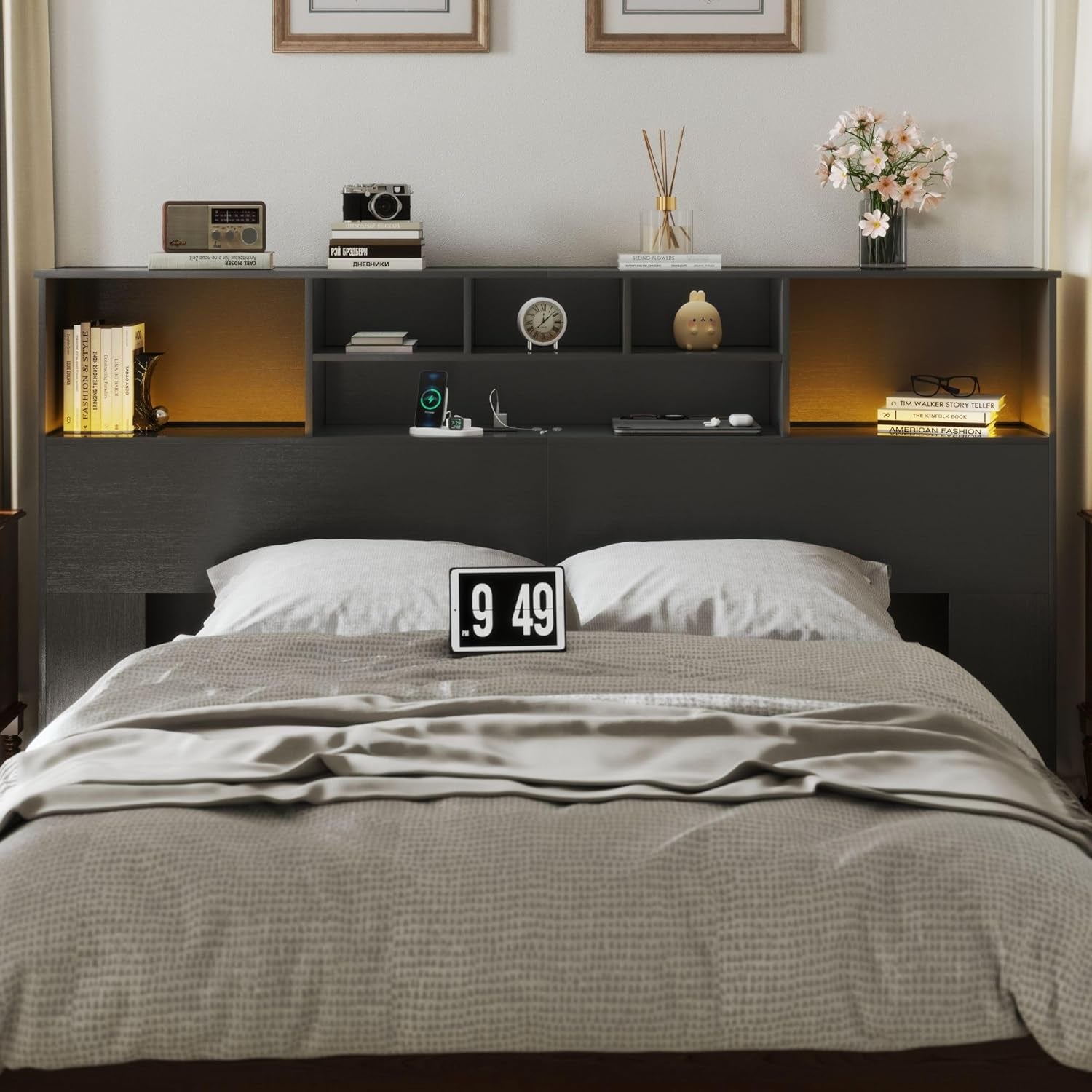 81" King Size Headboard Only, Black Storage Headboard with USB for King Size Bedroom, Wood Head Board with 2 LED Lights, Black Bookshelf