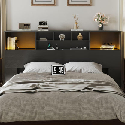 81" King Size Headboard Only, Black Storage Headboard with USB for King Size Bedroom, Wood Head Board with 2 LED Lights, Black Bookshelf