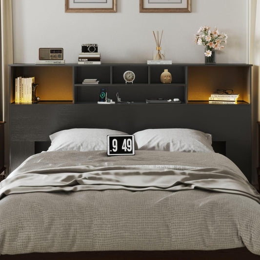 81" King Size Headboard Only, Black Storage Headboard with USB for King Size Bedroom, Wood Head Board with 2 LED Lights, Black Bookshelf