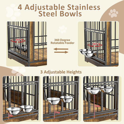 71 Inch Double Dog Crates Furniture for Large Dogs, Heavy Duty Dog Kennel Indoor with Adjustable Divider and 4 Bowls, XXL Dog Cage Furniture TV Stand Table for 2 Large Dogs, Brown