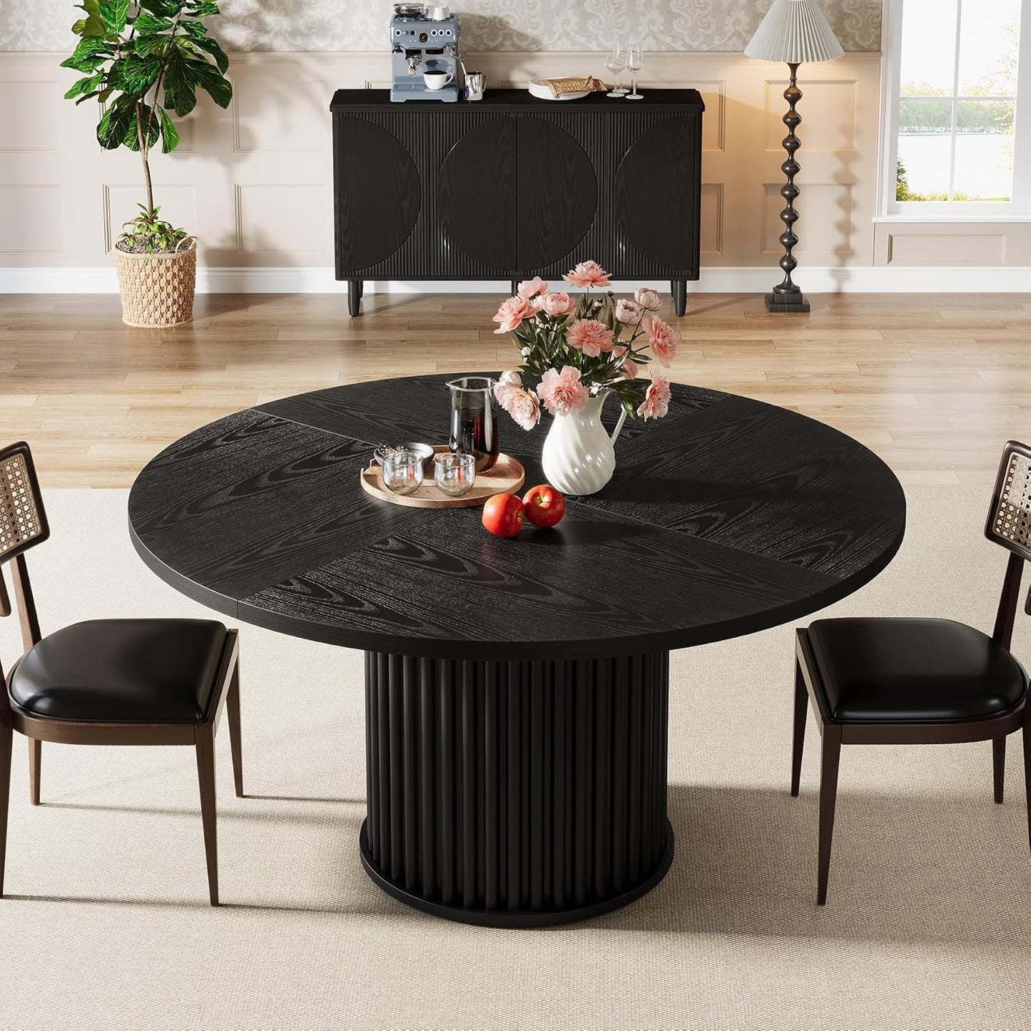 Black round Dining Table for 4-6 People, 47.24-Inch Circle Kitchen Table with Sturdy Fluted MDF + Metal Base, Modern Home Dining Room Furniture, Black