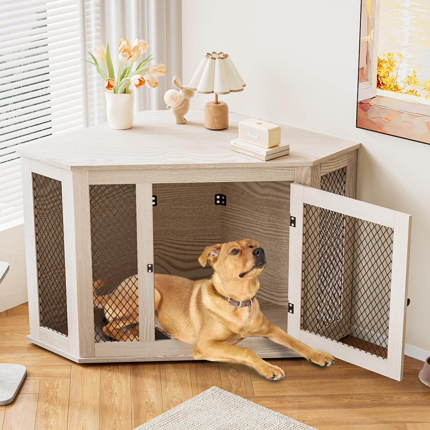 Corner Dog Crate Furniture,52 Inch Decorative Pet Crate with Metal Mesh,Wooden Dog Kennel Indoor Use for Small Medium Dogs,Dog House TV Stand,Perfect for Limited Room,White